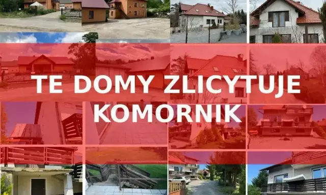 Kolaż zdjęć domów, z napisem "TE DOMY ZLICYTOWUJE KOMORNIK". Okazja dla kupujących!