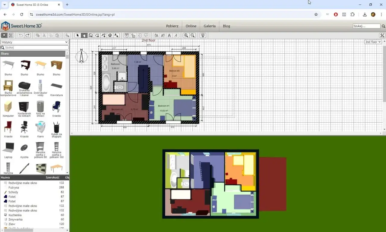 Program do projektowania domu Sweet Home 3D pokazuje rzut piętra z meblami i wymiarami.
