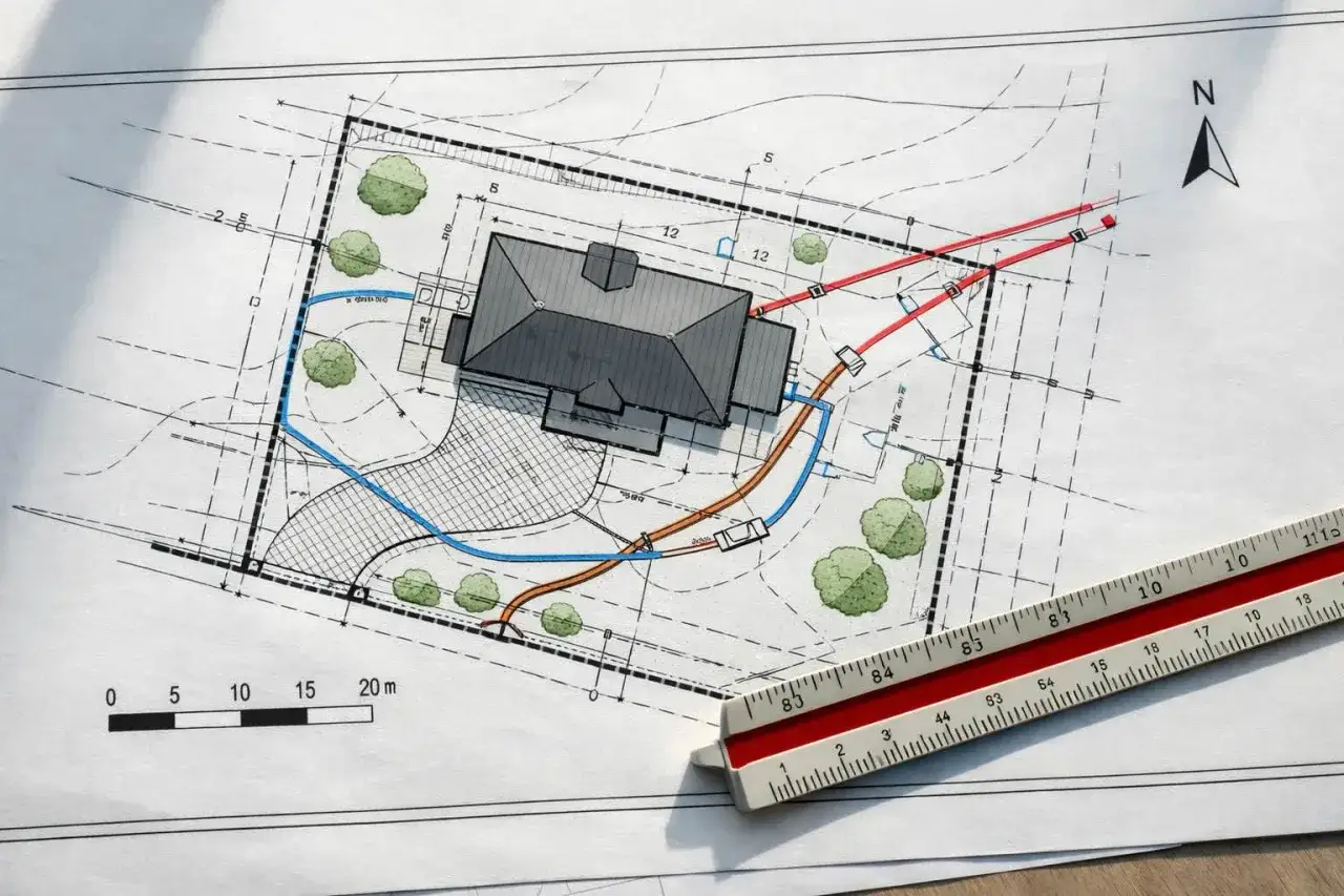 Projekt zagospodarowania terenu z domem, drzewami i zaznaczonymi instalacjami. Linijka geodezyjna podkreśla skalę.