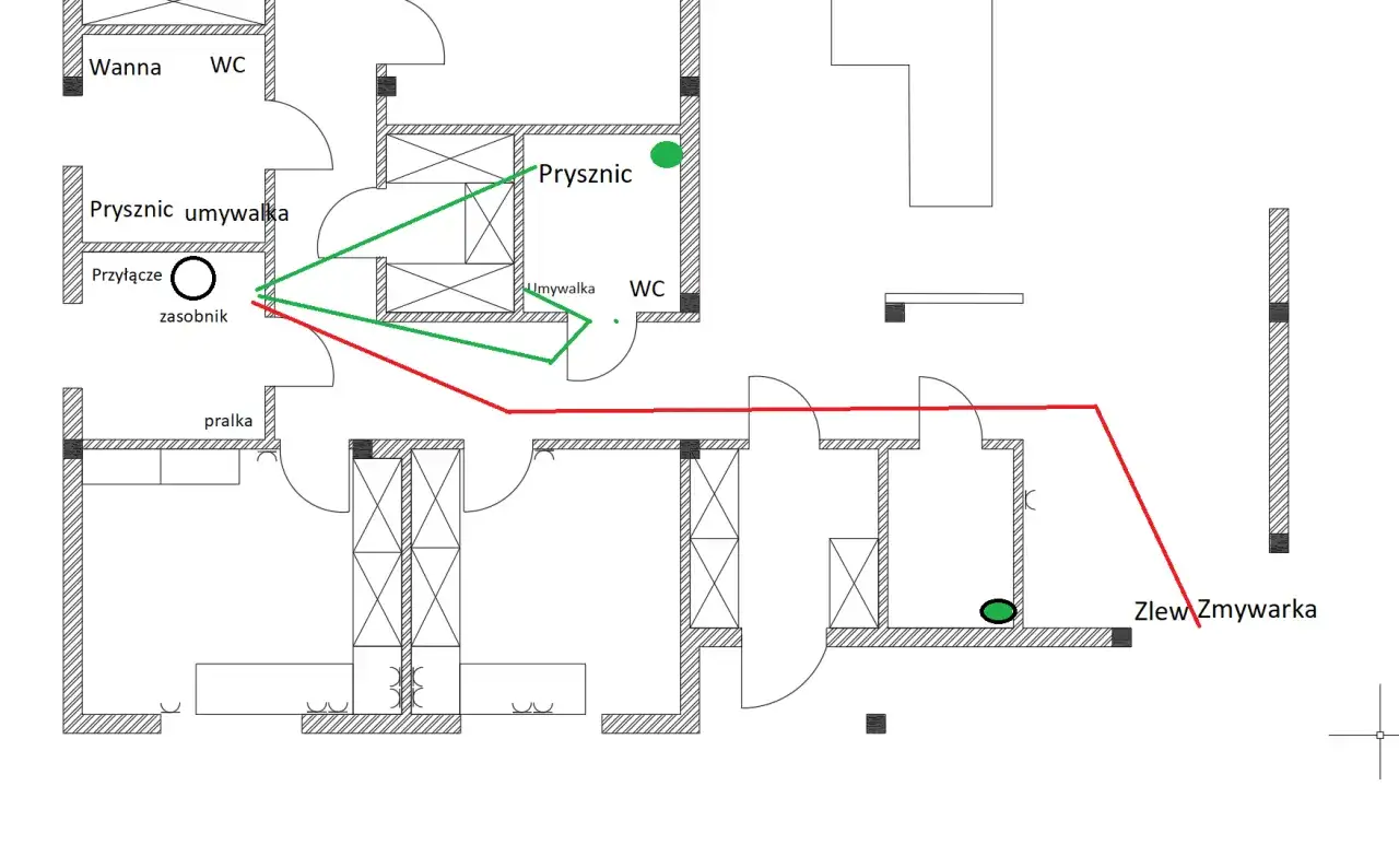 Schemat instalacji sanitarnej w domu jednorodzinnym: połączenia z zasobnika do pralki, prysznica, umywalki, WC i zlewu zmywarki.