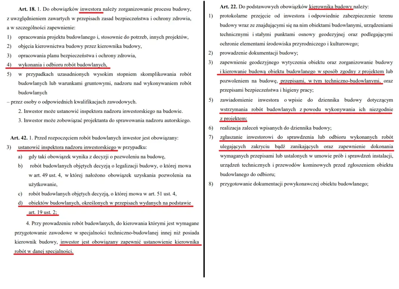 Przykładowe wpisy do dziennika budowy: obowiązki inwestora i kierownika budowy, odbiór robót budowlanych, nadzór inwestorski.