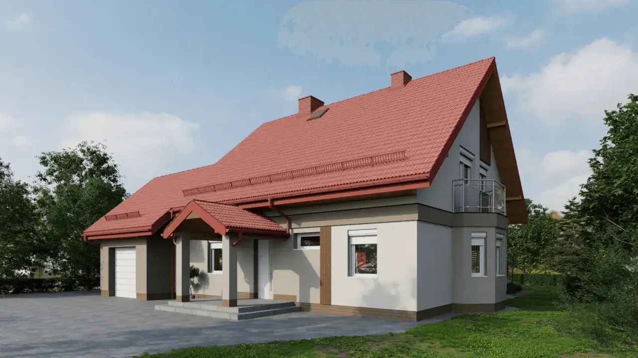 Jasnoszara elewacja z ceglanym cokołem i czerwonym dachem. Idealne połączenie, jeśli zastanawiasz się, jaki kolor elewacji do czerwonego dachu wybrać.