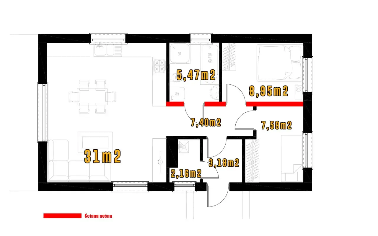 Projekt domu szkieletowego 70m2: salon 31m2, kuchnia, łazienka 5,47m2, sypialnia 8,95m2, pokój 7,59m2, przedpokój 3,18m2, WC 2,16m2.