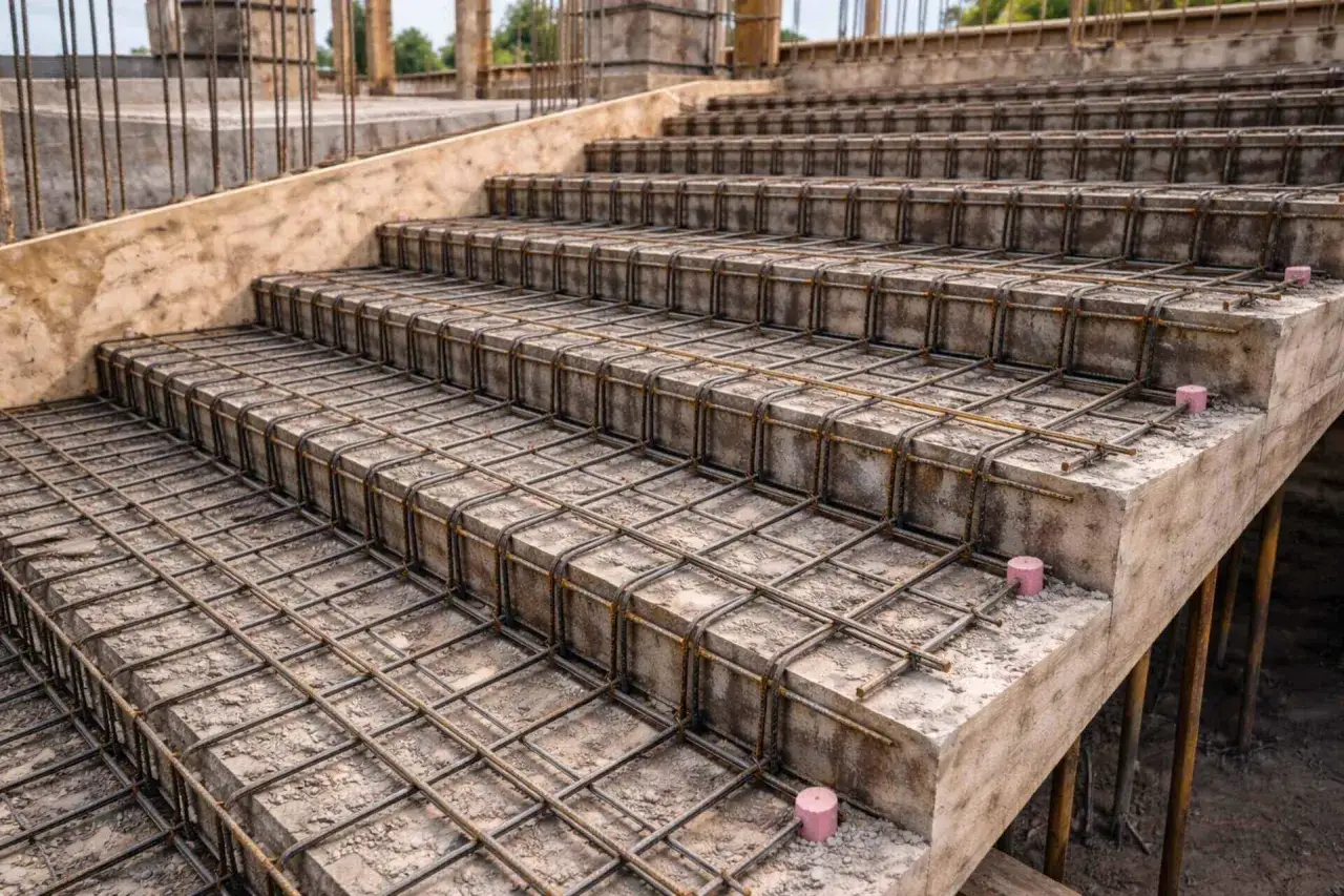 Szkielet schod&oacute;w z zbrojenia czeka na beton. Konstrukcja z pręt&oacute;w stalowych tworzy stopnie, gotowe do zalania.