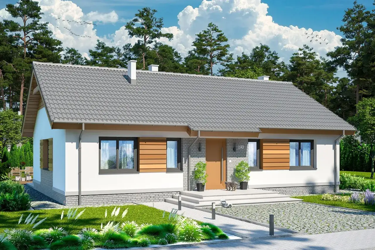 Nowoczesny projekt domu 70m2 parterowy z drewnianymi elementami i dużymi oknami, otoczony zielenią.