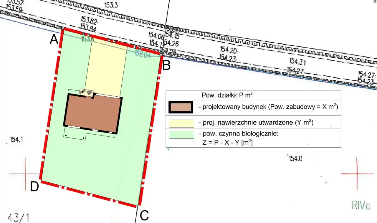 Plan sytuacyjny z zaznaczonym projektowanym budynkiem i legendą, wskazujący na przeniesienie warunków zabudowy.