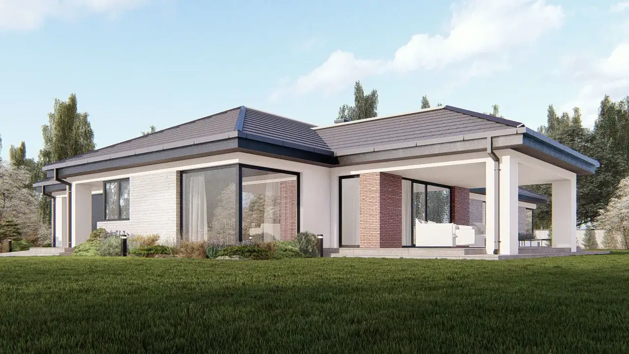 Nowoczesny projekt domu 80m2 parterowy z dużymi przeszkleniami i zadaszonym tarasem.