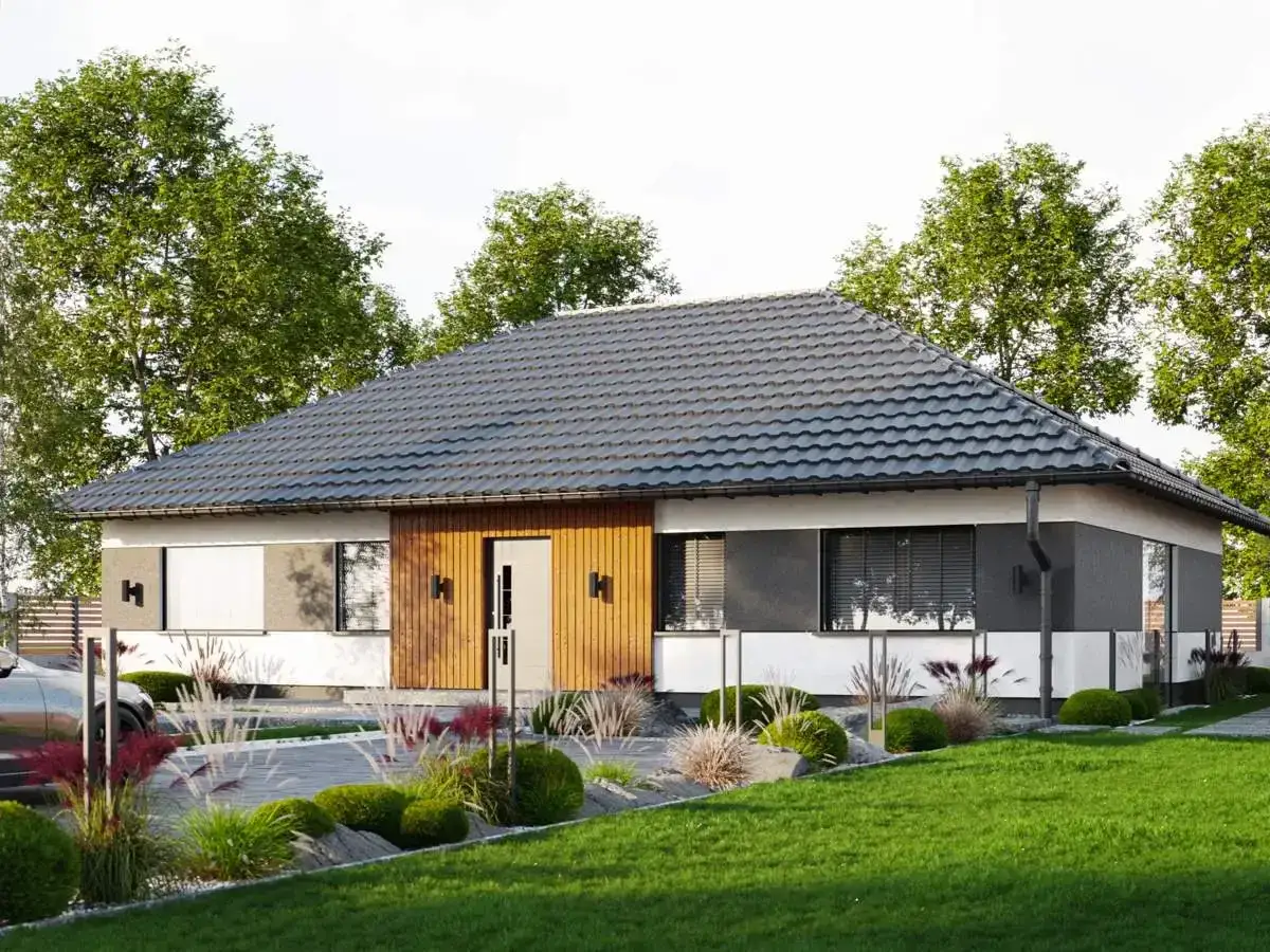Nowoczesny parterowy dom do 100m2 z drewnianą elewacją i zadbanym ogrodem.