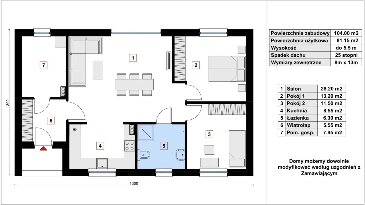 Projekt domu do 100m2: salon, 2 pokoje, kuchnia, łazienka, wiatrołap, pom. gosp. Pow. użytkowa 81.15m2.
