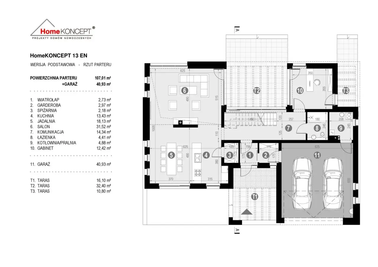 Rzut parteru domu HomeKONCEPT 13 EN. Porównanie powierzchni zabudowy (garaż 40,93 m²) z powierzchnią użytkową poszczególnych pomieszczeń.