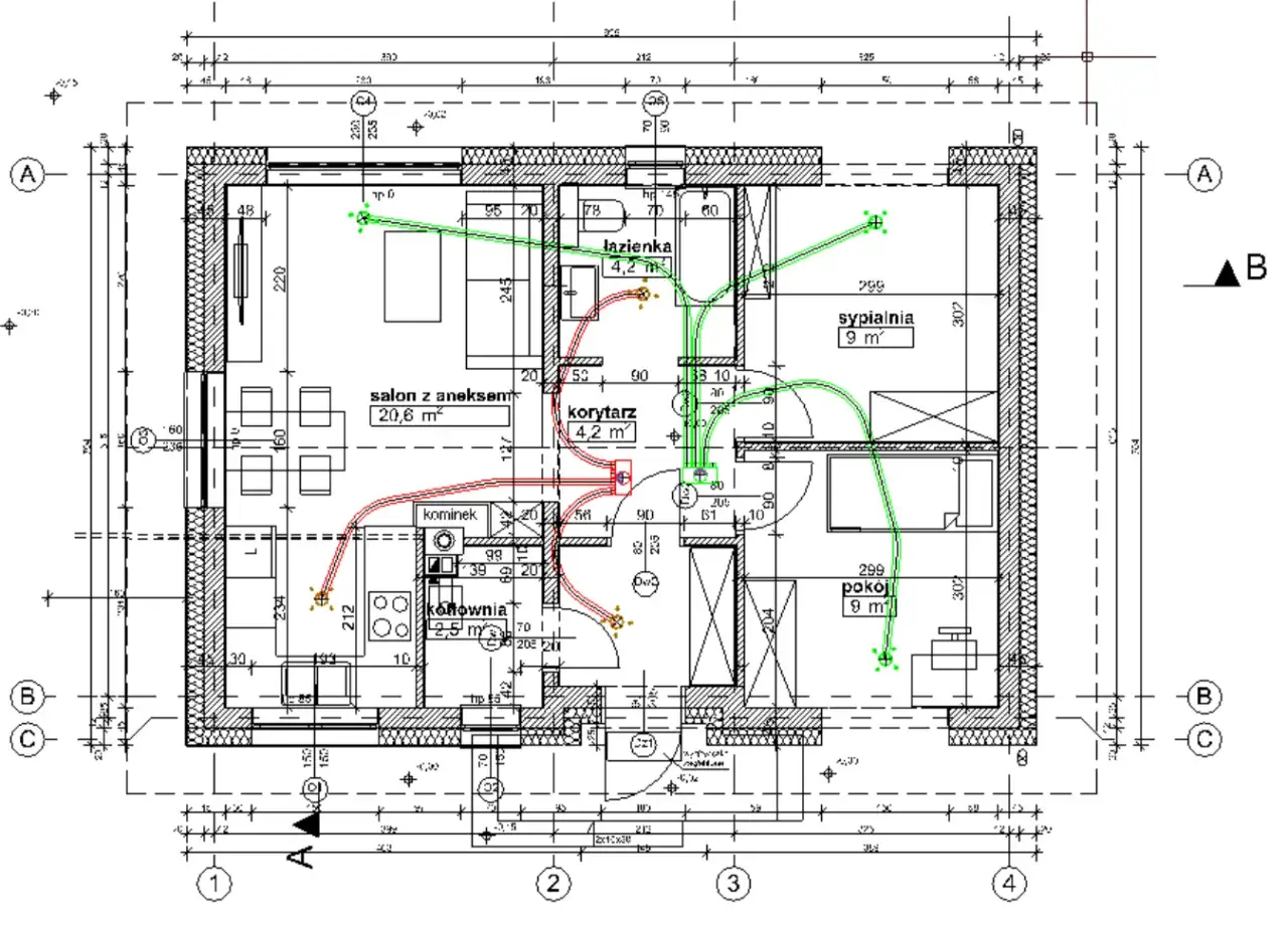 Projekt instalacji wentylacyjnej z odzyskiem ciepła dla domu jednorodzinnego. Zielone linie pokazują nawiew, czerwone wywiew.