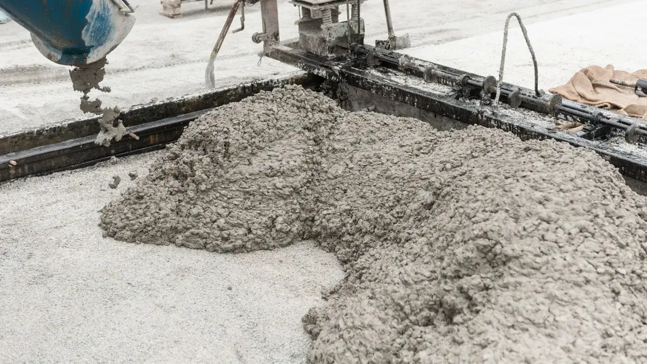 Świeży beton wylewany z betoniarki na podsypkę. Widać masę betonową i jej konsystencję, idealną do układania kostki brukowej.