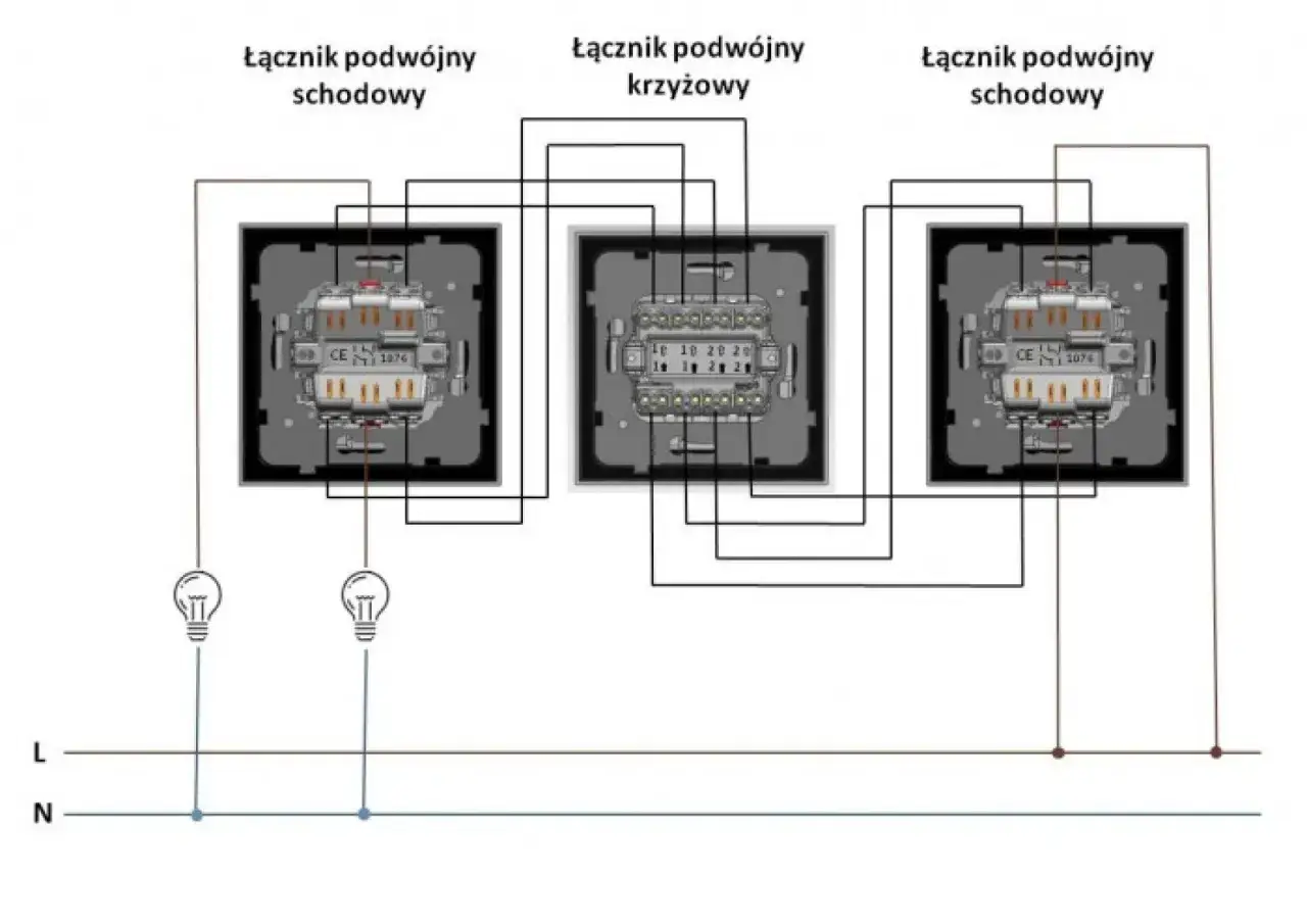 Schemat instalacji oświetlenia z użyciem łącznika krzyżowego i dwóch schodowych.