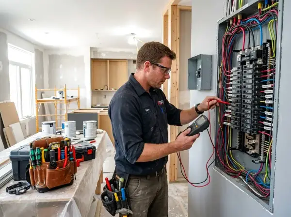 Elektryk sprawdza okablowanie panelu elektrycznego, przygotowując instalację inteligentny dom. Narzędzia i puszki elektryczne w pobliżu.