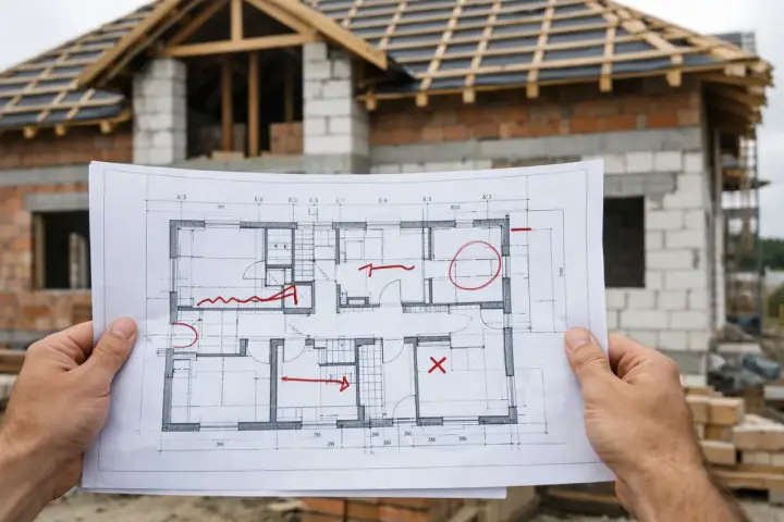 Plan domu z zaznaczonymi zmianami, zgodny z art. 36a prawa budowlanego, na tle budowy.